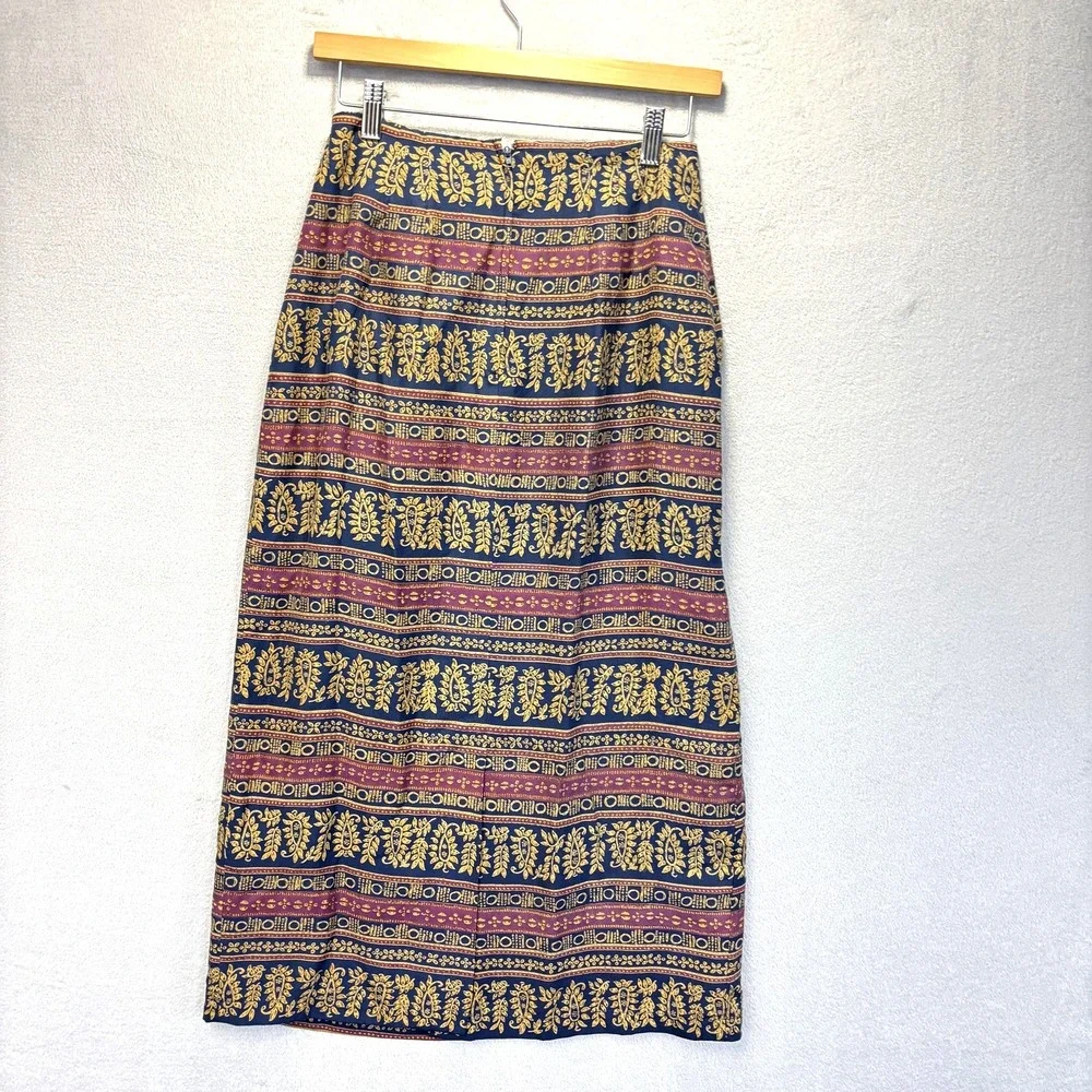 Vintage 100% Silk Faux Wrap Midi Skirt Womens 6 Dark Floral‎ Traditional Boho